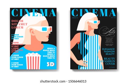 Two variants of cinema magazine cover designs, 3d movie concept. Female characters wearing 3d glasses. Vector illustration