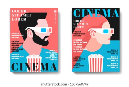 Two variants of cinema magazine cover designs, 3d movie concept. Female and male character wearing 3d glasses. Vector illustration