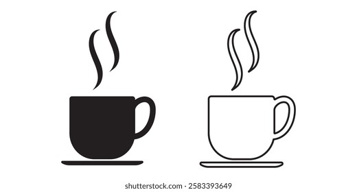 Two variants of coffee cup vector icons vector illustrations on transparent background. Coffee cup line icon with changeable stroke. Take a break icon vector illustration. Hot drink icon.  