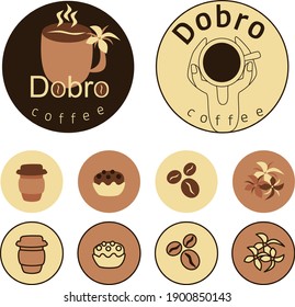 two variants of a coffee shop logo, icons for social media, website on the topic of drinks, cakes
