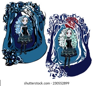 Two variants of the color image gothic girls in the forest/Gothic Girl in a Dark Frame