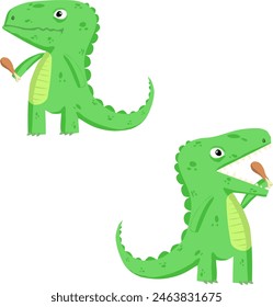 Two variants of donosauric with open and closed mouth. Cartoon cute drawing style. Vector illustration dinosaur holding a chicken fried leg in his hand. The second dinosaur has opened its toothy mouth