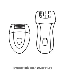 Two variants of electric epilator, hair removal tool, line art, linear drawing, hand-drawn icon, vector illustration isolated on white background. Black and white drawing of epilating device