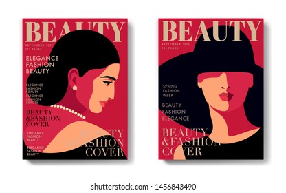 Two variants of fashion magazine cover designs. Abstract woman  portraits, front view and side view. Vector illustration