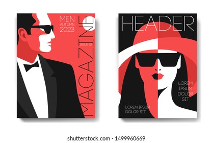 Two Variants Of Fashion Magazine Cover Designs. Male And Female Portraits. Man In Tuxedo, Bow Tie And Sunglasses, Side View. Woman In Hat And Sunglasses, Full Face. Vector Illustration