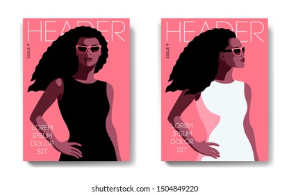 Two variants of fashion magazine cover designs. Female portrait, front and side views. African american girls with long curly hair, in black and white dresses and sunglasses. Vector illustration