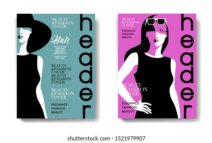 Two variants of fashion magazine cover designs. Woman in hat and woman wearing sunglasses. Header, monochrome colors. Vector illustration