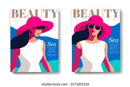 Two variants of fashion magazine cover designs for the summer holidays season.  Woman with long hair, wearing white dress, big hat and sunglasses. Vector illustration