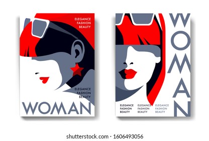 Two variants of fashion magazine cover designs. Close-up portrait of abstract woman with red hair and sunglasses, side and front views. Vector illustration
