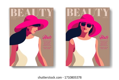 Two variants of fashion magazine cover designs.  Woman with long hair, wearing white dress, big hat and sunglasses. Vector illustration