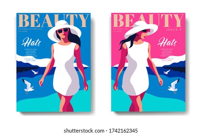 Two variants of fashion magazine cover design for the summer holidays season.  Woman wearing summer dress and big white hat. Sea background with gulls. Vector illustration