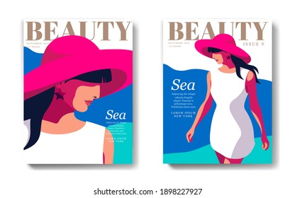 Two variants of fashion magazine cover designs for the summer holidays season.  Woman with long hair, in white dress and big hat, walking on the beach. Vector illustration