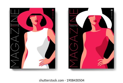 Two variants of fashion magazine cover design. Woman wearing summer dress and big hat, black background. Vector illustration