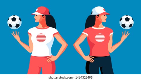 Two Variants Of Female Characters. Girl In Sport Clothes And Baseball Cap Playing  With Soccer Ball. Fitness Instructor, Physical Education Teacher Or Football Fan Girl. Vector Illustration