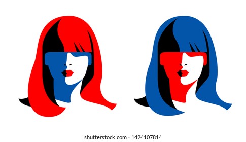 Two variants of female portrait, front view. Face of abstract young woman with long hair. Vector illustration