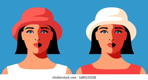 Two variants of female portrait, full face. Abstract girl in hat, flat colored  isolated images. Vector illustration