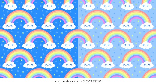 Two Variants Of Funny Kawaii Rainbow Seamless Abstract Pattern Vector Illustration