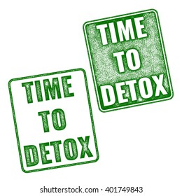 Two variants of green Time to Detox rubber stamp isolated on white background