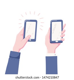Two variants of human hand holding mobile phone, smartphone with blank, empty screen, flat style vector illustration isolated on white background. Human hand holding mobile phone, smartphone