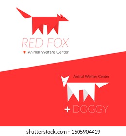 Two variants of logos with dog or fox. Vector illustration in white and red colors