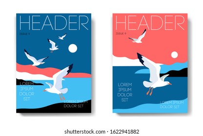 Two variants of magazine cover design, sea landscape with gulls on background. Vector illustration