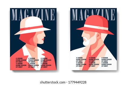 Two variants of magazine cover design. Female and male portraits, side view. Young redhead woman and old bearded man, wearing summer clothes and hat. Vector illustration