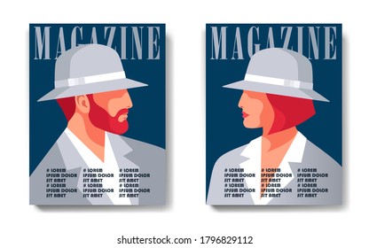 Two variants of magazine cover design. Male and female portraits, side view. Young redhead bearded man and beautiful woman, wearing summer clothes and hats. Vector illustration