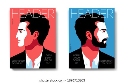 Two variants of magazine cover design. Abstract male portraits, side view. Young men with and without beard, wearing suit and shirt. Red and blue backgrounds. Vector illustration