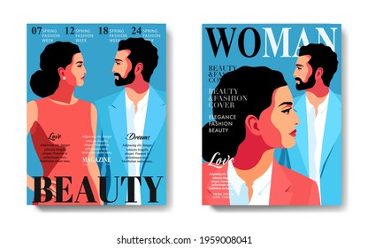 Two variants of magazine cover design. Abstract couple, man and woman, faces to face. Vector illustration