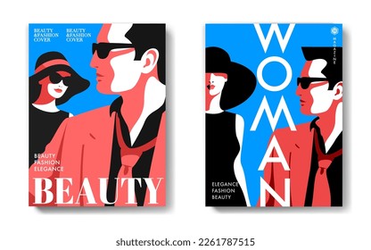 Dos variantes de diseño de portada de revista. Una pareja abstracta, hombre y mujer, usando sombrero y gafas de sol. Retratos masculinos y femeninos. Ilustración del vector