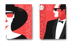 Two Variants Of Magazine Cover Designs. Female And Male Portraits. Woman In Hat And Sunglasses, Half Face. Man In Tuxedo, Bow Tie And Sunglasses, Side View. Vector Illustration