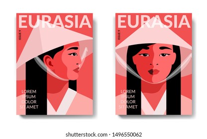 Dos variantes de diseños de portada de revista. Retratos femeninos, vistas laterales y frontales. Niña asiática con ropa tradicional nacional y sombrero de paja cónica.  Encabezado, texto, fondo rojo. Ilustración del vector