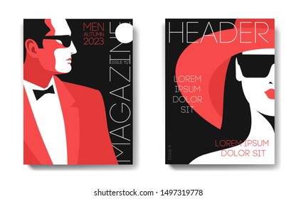 Dos variantes de diseños de portada de revista. Retratos masculinos y femeninos. Hombre en esmoquin, corbata de arco y gafas de sol, vista lateral. Mujer con sombrero y gafas de sol, mitad cara. Ilustración del vector