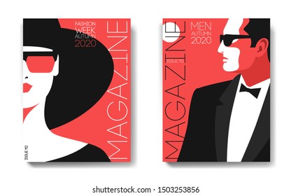 Two Variants Of Magazine Cover Designs. Female And Male Portraits. Woman In Hat And Sunglasses, Half Face. Man In Tuxedo, Bow Tie And Sunglasses, Side View. Vector Illustration