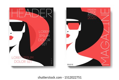 Two variants of magazine cover designs. Female portraits, black and red backgrounds. Woman in hat and sunglasses, half face. Vector illustration