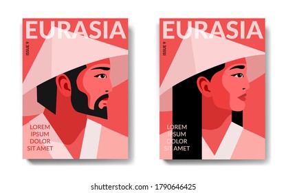 Two variants of magazine cover designs. Male and female portraits, side view. Asian people in traditional national clothes and conical straw hats. Vector illustration