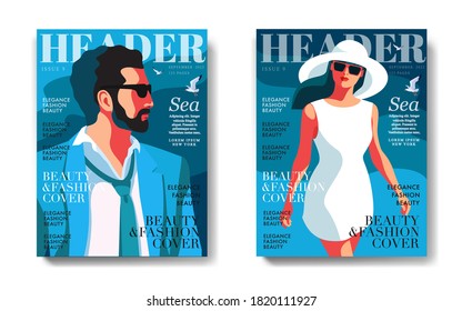 Two variants of magazine cover designs, summer holidays concept.  Male and female characters wearing light casual clothes, hat and sunglasses. Sea background with gulls. Vector illustration