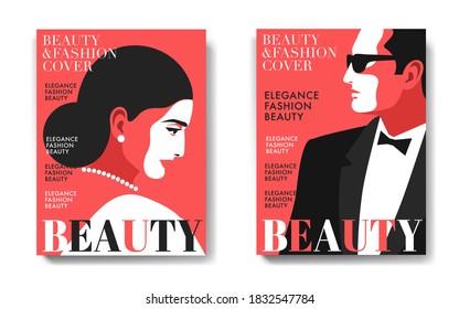 Two variants of magazine cover designs. Female and male portraits, side view. Woman in evening dress, earrings and necklace. Man in tuxedo, bow tie and sunglasses. Vector illustration