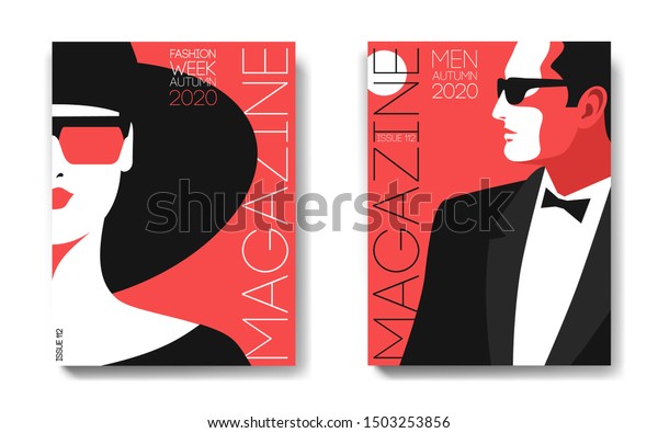Two variants\
of magazine cover designs. Female and male portraits. Woman in hat\
and sunglasses, half face. Man in tuxedo, bow tie and sunglasses,\
side view. Vector\
illustration
