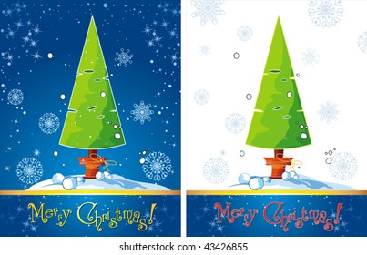 Two Variants Merry Christmas and New Year's background showing a green Christmas tree in the blue dark night, vector illustration