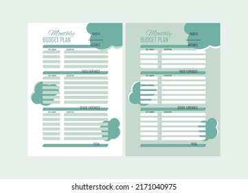 Two variants of monthly budget planner in pastel color
