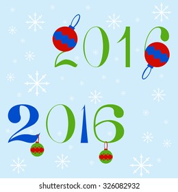 Two variants of New year 2016 text design with Christmas balls and snowflakes