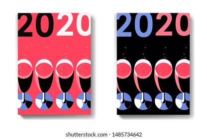 Two variants of New Year 2020 posters. Champagne glasses and lettering. Red and black background. Vector illustration