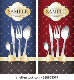 Two variants Royal restaurant menu design on blue and on red background with gold bows. Vector. Grouped for easy editing.