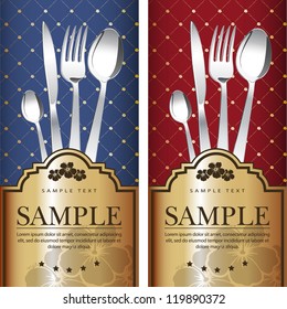 Two variants Royal restaurant menu design on blue and on red background with gold label. Vector. Grouped for easy editing.