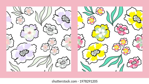 Two variants of the same seamless floral composition on white background. Large pansies and leaves with black outlines. Pattern for textile, fabric print, wrapping, cover. Retro style. Vector.
