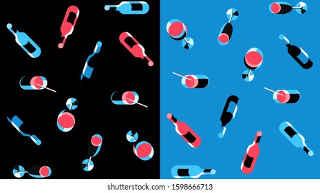 Two variants of seamless patterns with bottles and glasses for your wallpaper, fabric, wrapping paper, packaging. Vector illustration