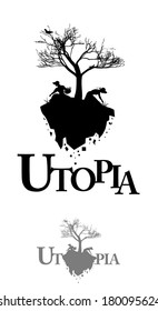 Two variants of typographic composition illustrating utopia. Two women collecting flowers on the crushing island.