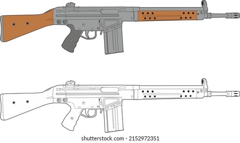 Two variants of the vector image of the German assault rifle of the post-war period HK G3. Side view of the weapon. White and color options