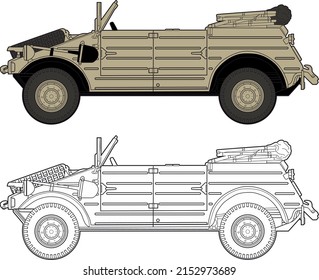 Two variants of the vector image of a German SUV from the Second World War, which received the unofficial name kubelwagen. Side view of the car